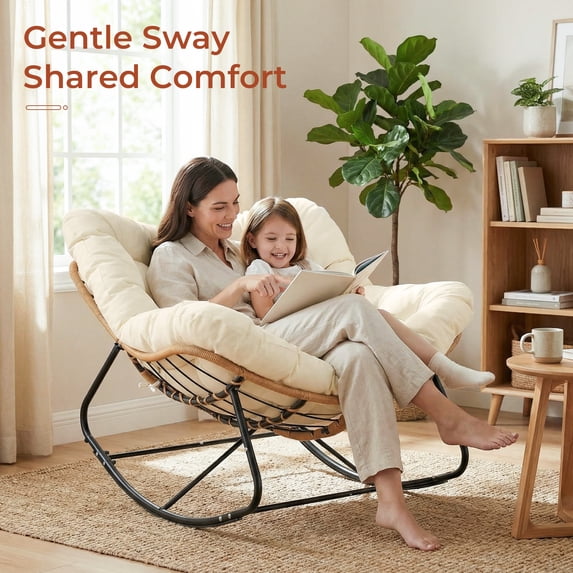 TLSUNNY Outdoor Rocking Chair, Oversized Patio Papasan Rocker, Comfy Wicker Reading Lounge, Indoor Egg Chair for Bedroom, Living Room, Lawn