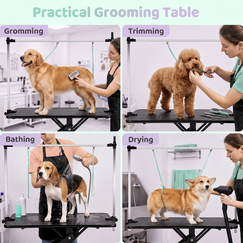 TLSUNNY 42.4'' Hydraulic Pet Dog Grooming Table for Dogs & Cats, 21"- 35" Height Adjustable Heavy Duty, Adjustable Overhead Arm & Noose, Non-Slip Top, 350 LBS
