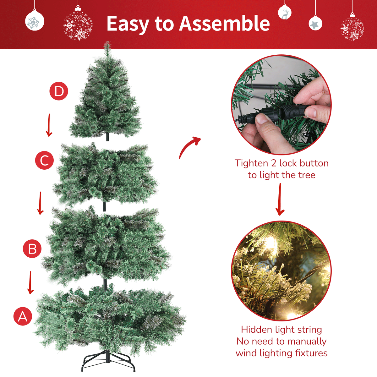 TLSUNNY 6/8/9ft Pre-lit Artificial Christmas Tree with 550 Branche Tips 250 LED Warm Lights, Fluffy Snow Flocked Pine Tree, Metal Stand Hinged Xmas Tree