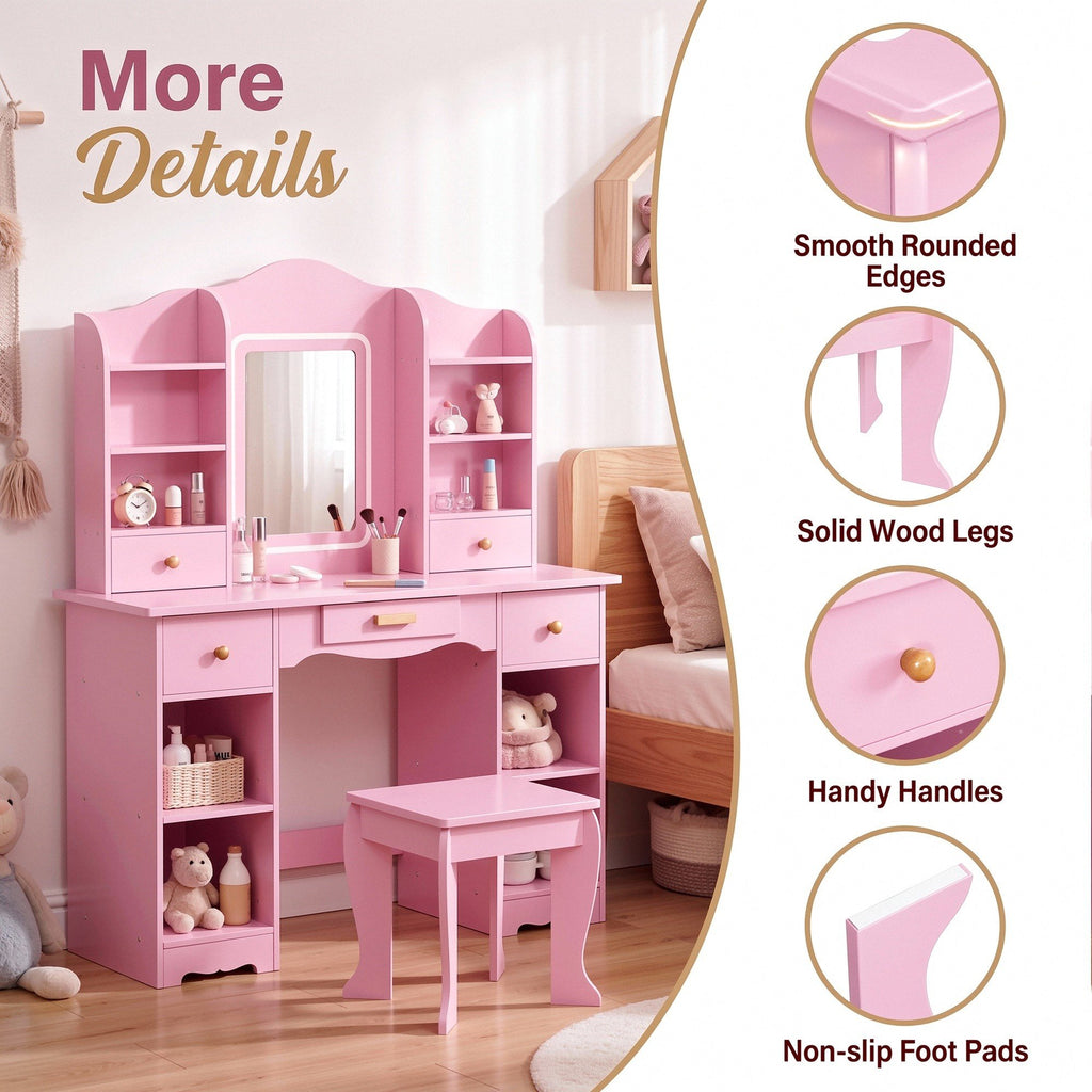 TLSUNNY Kids Vanity and Stool Set with Mirror & Adjustable Lights, Wooden Pretend Play Makeup Desk, Use for Study Desk