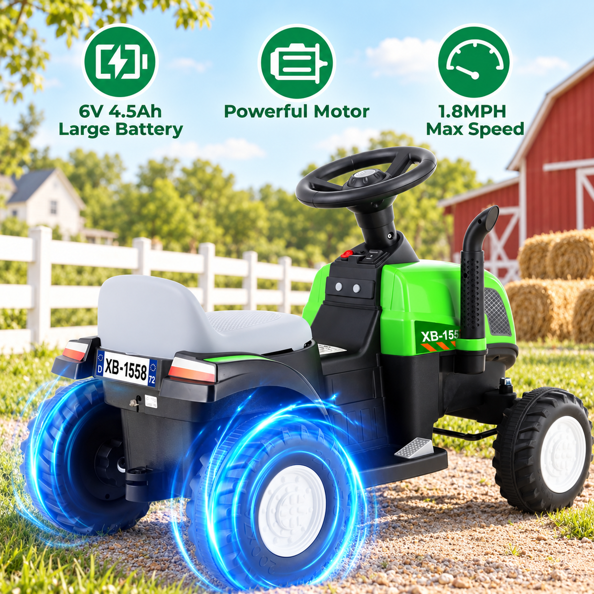TLSUNNY 6V Kids Ride on Tractor, Battery Powered Vehicle with Detachable Trailer, Music, Headlights & Foot Pedal Control for Toddlers Boys & Girls
