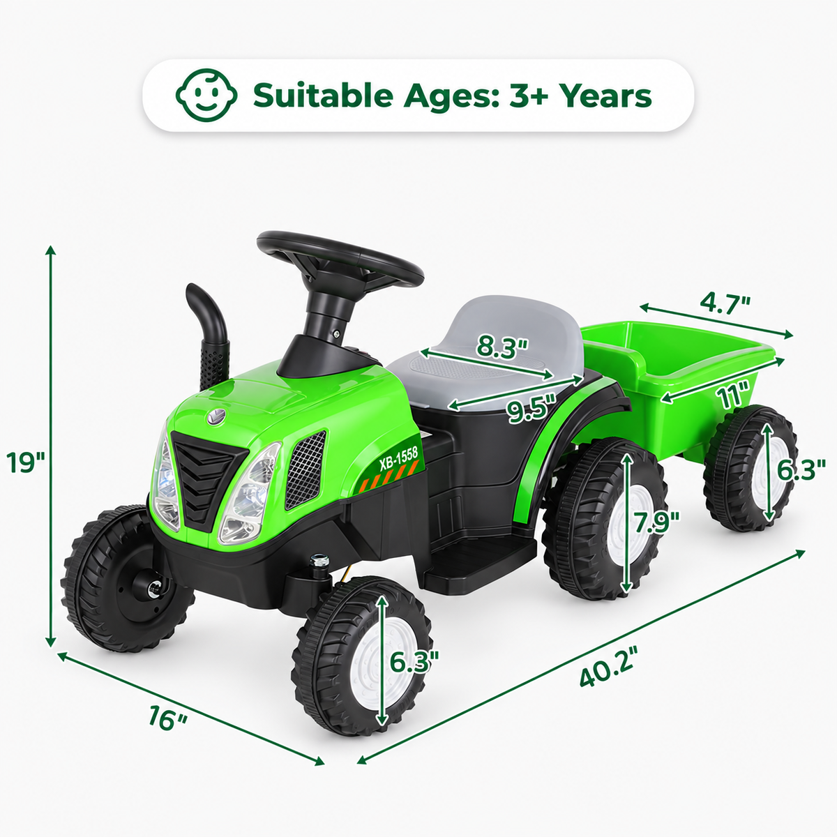 TLSUNNY 6V Kids Ride on Tractor, Battery Powered Vehicle with Detachable Trailer, Music, Headlights & Foot Pedal Control for Toddlers Boys & Girls