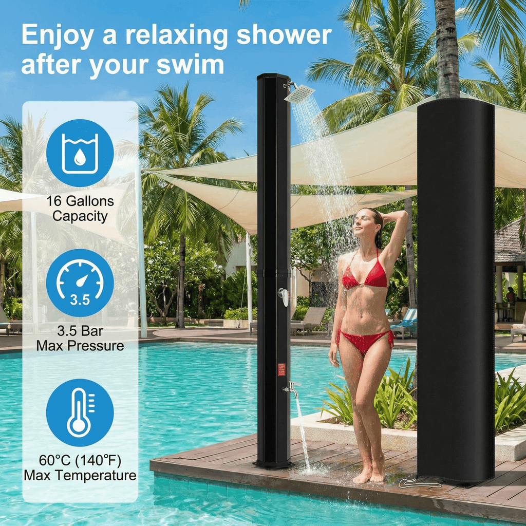 TLSUNNY 10.6/16 Gal Solar Heated Shower, Water Temperature Adjustable, W/ 360° Rotating Shower Head, Faucet, Protective Cover, 7.5FT Freestanding Outdoor Shower for Pool, Garden, Beach, SPA, Backyard