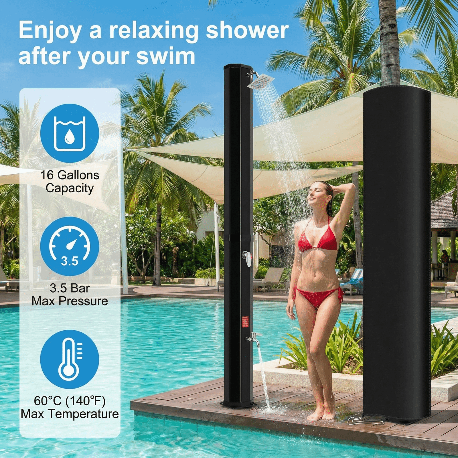 TLSUNNY 10.6/16 Gal Solar Heated Shower, Water Temperature Adjustable, W/ 360° Rotating Shower Head, Faucet, Protective Cover, 7.5FT Freestanding Outdoor Shower for Pool, Garden, Beach, SPA, Backyard
