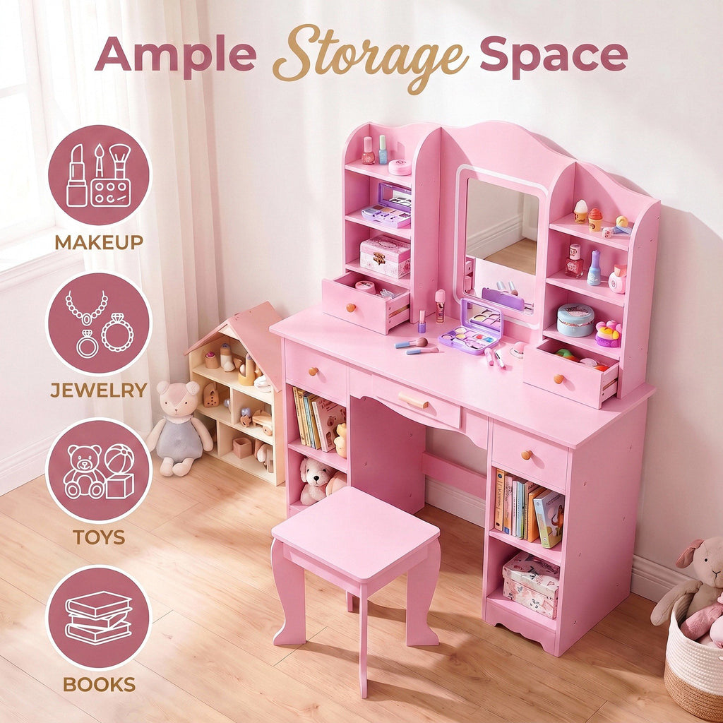 TLSUNNY Kids Vanity and Stool Set with Mirror & Adjustable Lights, Wooden Pretend Play Makeup Desk, Use for Study Desk