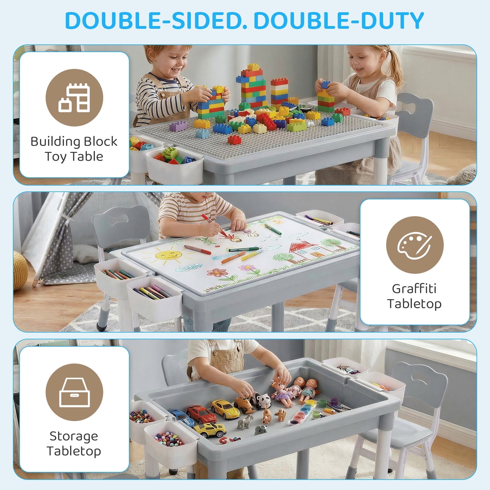 TLSUNNY Toddler Table and 2 Chairs Set, W/ Large Storage & Double-Sided Graffiti/Block Building Table Top, 4 Drawers, Height Adjustable