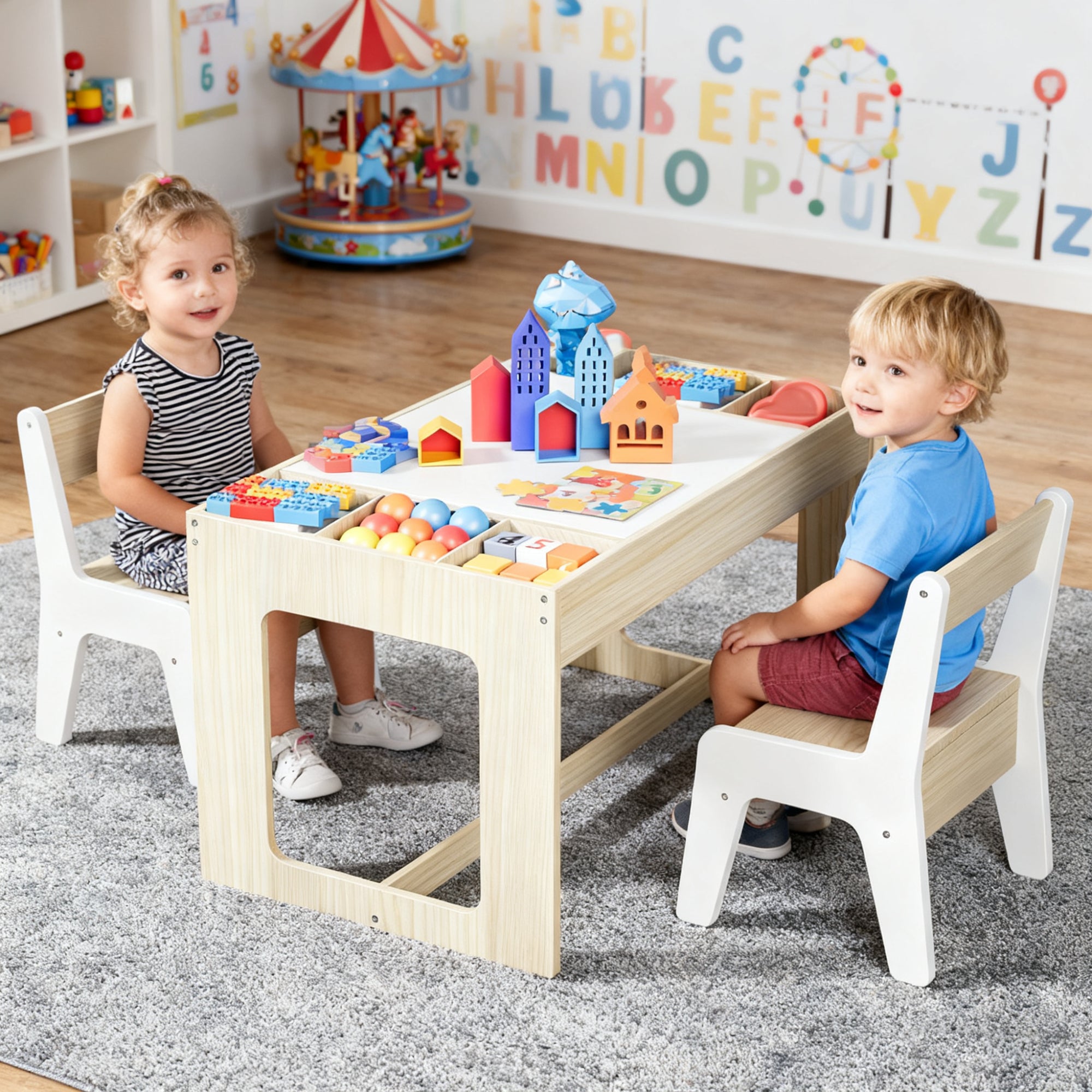 TLSUNNY Kids Table and Chairs Set with Storage, Children's Wooden Drawing Table, w/ Reversible Top & Chalkboard, for Home, Playroom, Nursery