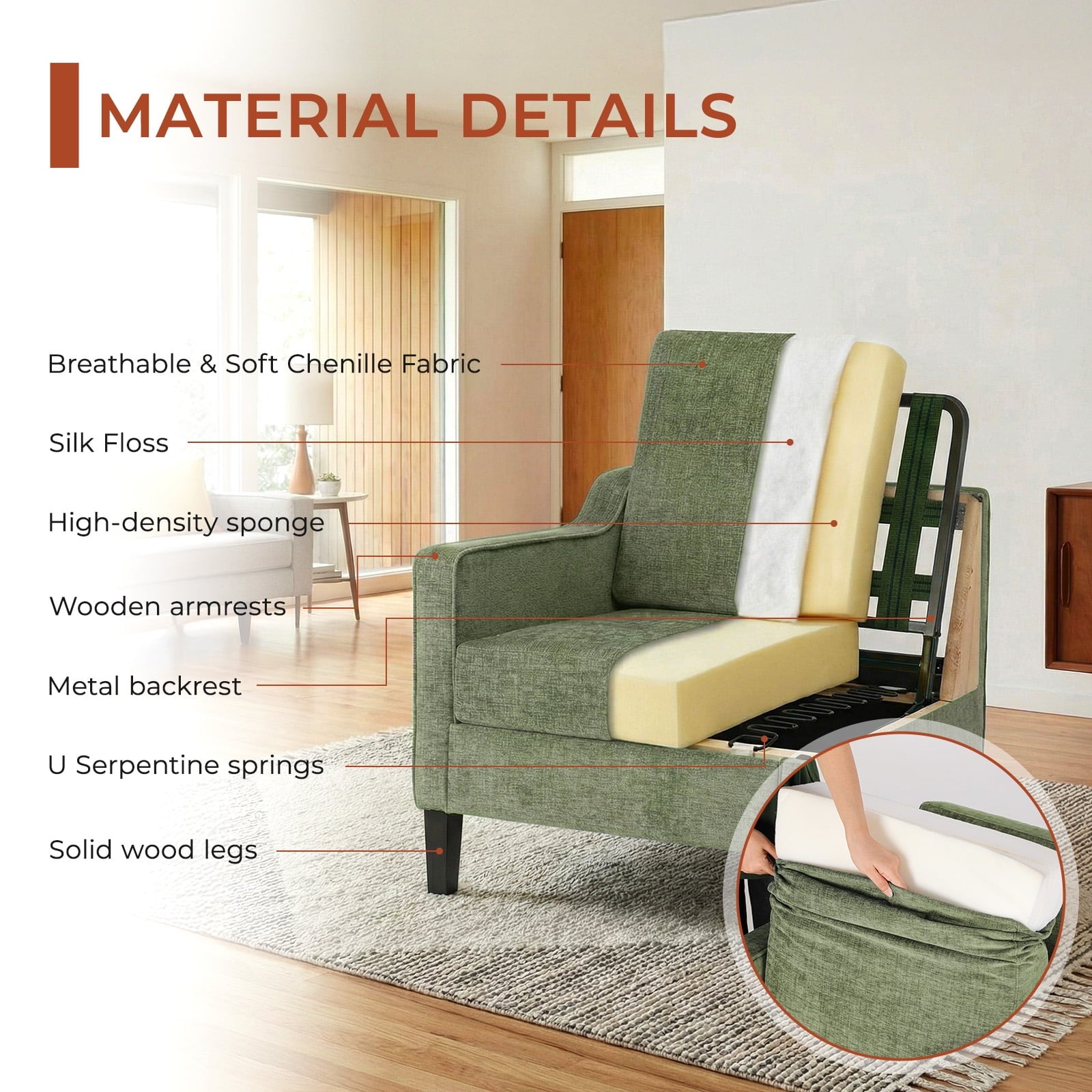 TLSUNNY Accent Chair, Mid Century Modern Reading Chair, Upholstered Armchair with Removable Cover, Comfy Single Sofa Side Chair for Office, Apartment, Small Room