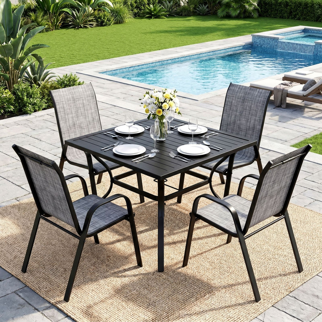 TLSUNNY 5-Piece Outdoor Patio Dining Set, W/ Metal Iron Square Table & Textilene Chairs for 4-Person