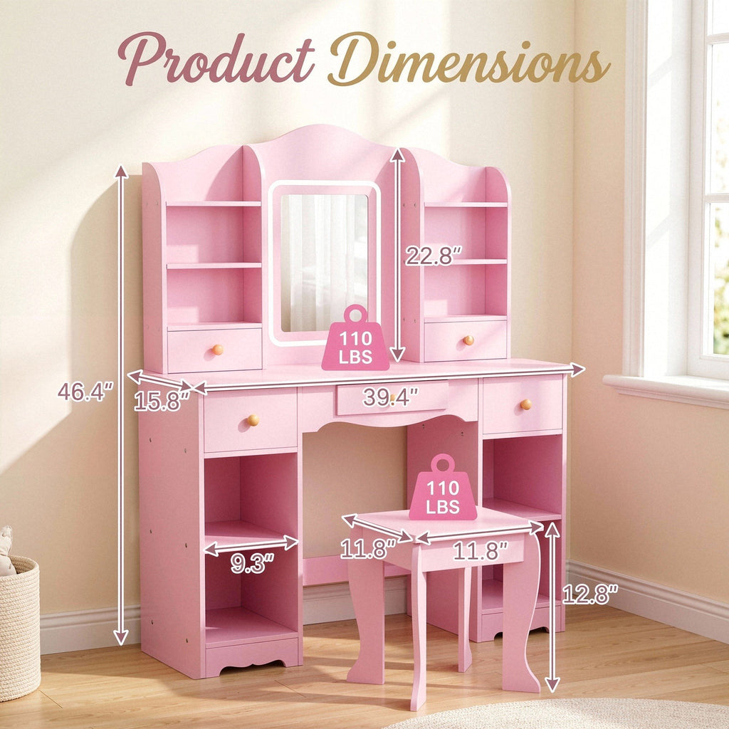 TLSUNNY Kids Vanity and Stool Set with Mirror & Adjustable Lights, Wooden Pretend Play Makeup Desk, Use for Study Desk