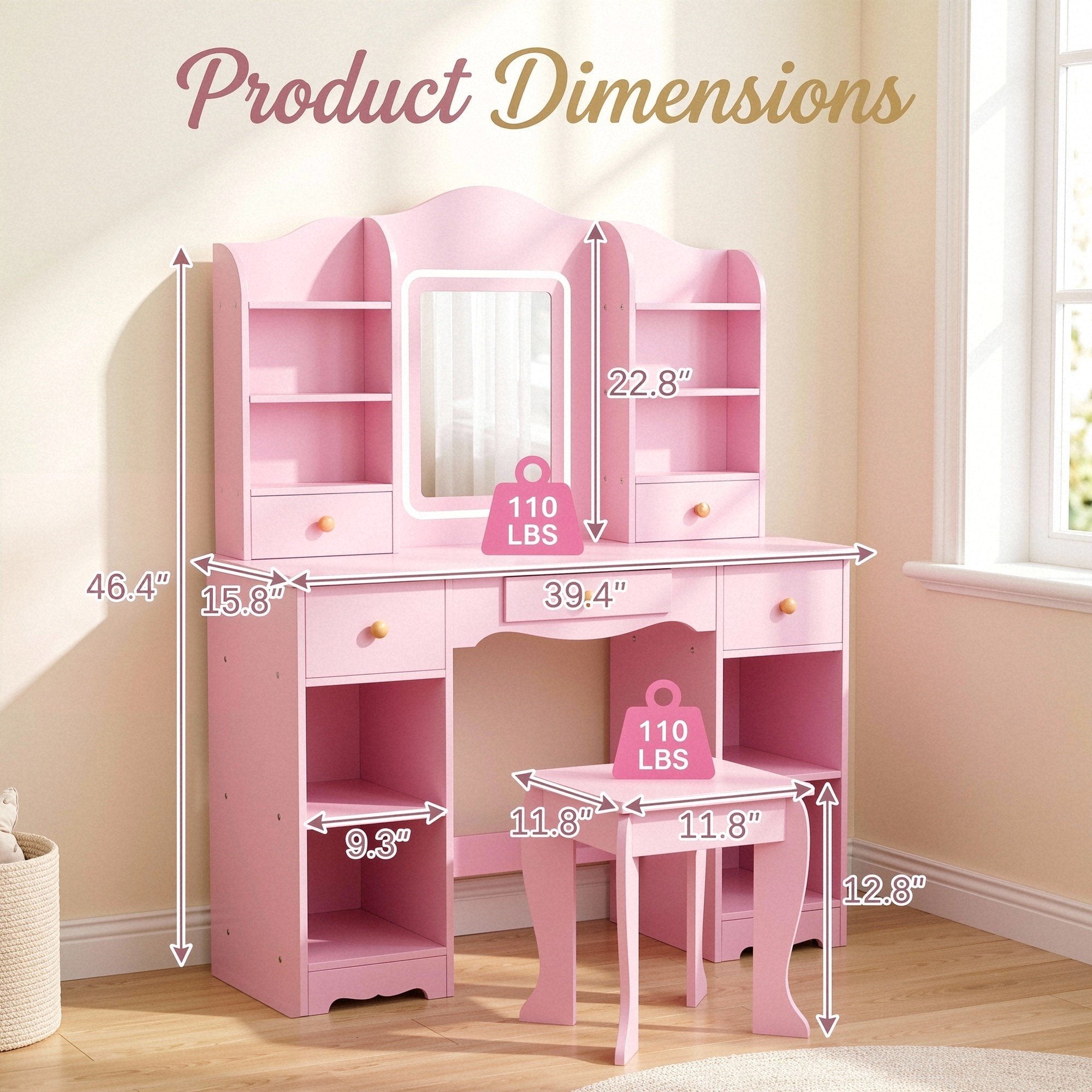 TLSUNNY Kids Vanity and Stool Set with Mirror & Adjustable Lights, Wooden Pretend Play Makeup Desk, Use for Study Desk