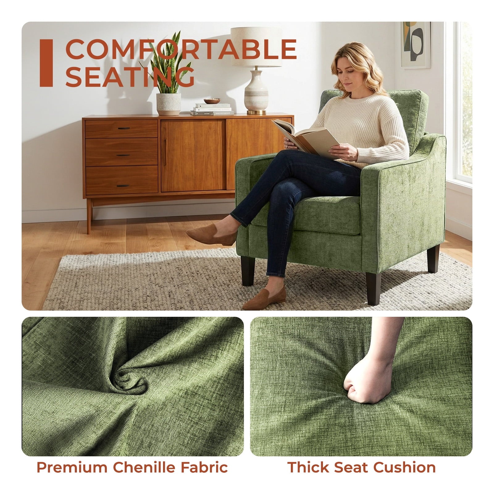 TLSUNNY Accent Chair, Mid Century Modern Reading Chair, Upholstered Armchair with Removable Cover, Comfy Single Sofa Side Chair for Office, Apartment, Small Room
