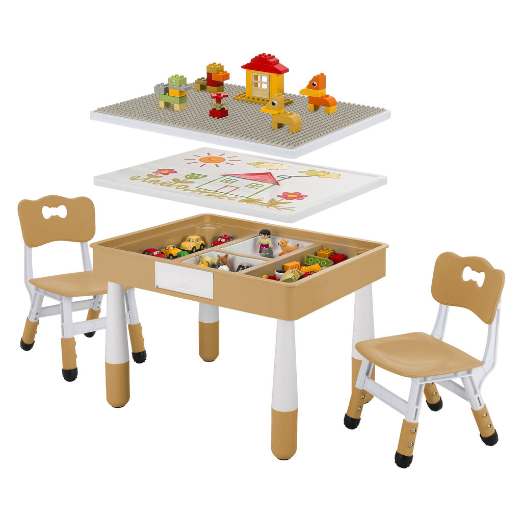 TLSUNNY Kids Table and 2 Chairs Set, W/ Double-Sided Graffiti/Building Blocks Activity Tabletop and 2 Drawers for Drawing/Playing/Reading, for Toddlers