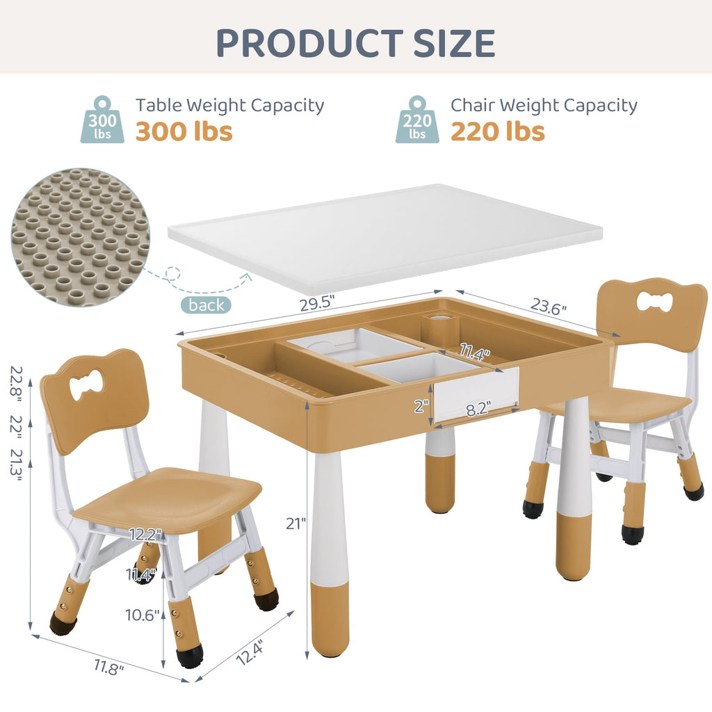 TLSUNNY Kids Table and 2 Chairs Set, W/ Double-Sided Graffiti/Building Blocks Activity Tabletop and 2 Drawers for Drawing/Playing/Reading, for Toddlers