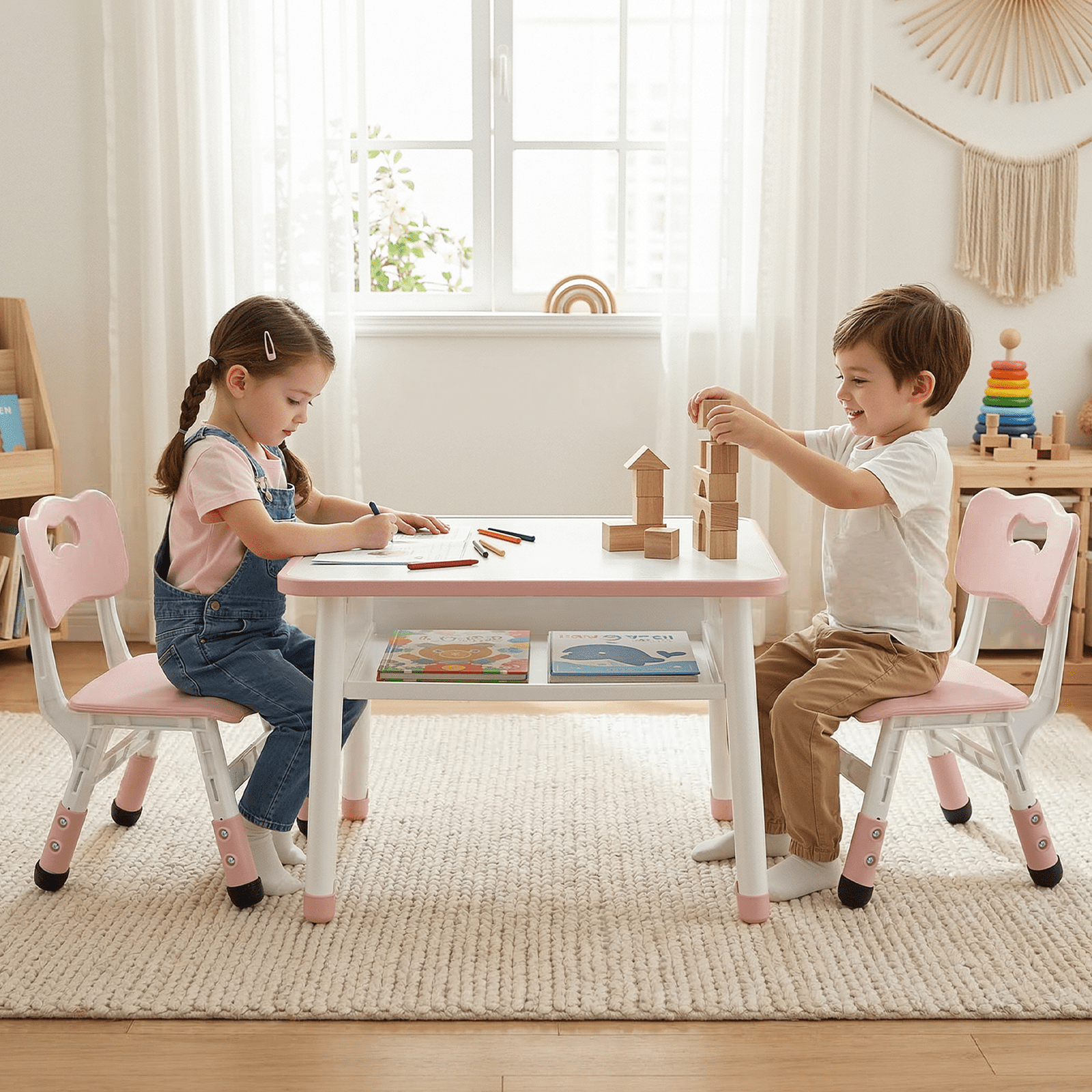 TLSUNNY Kids Table and 2 Chairs Set, Toddler Activity Table with Large Storage, Graffiti Desktop, Adjustable Height Chair with Anti-Slip Foot Covers, for Reading, Drawing, Snack Time