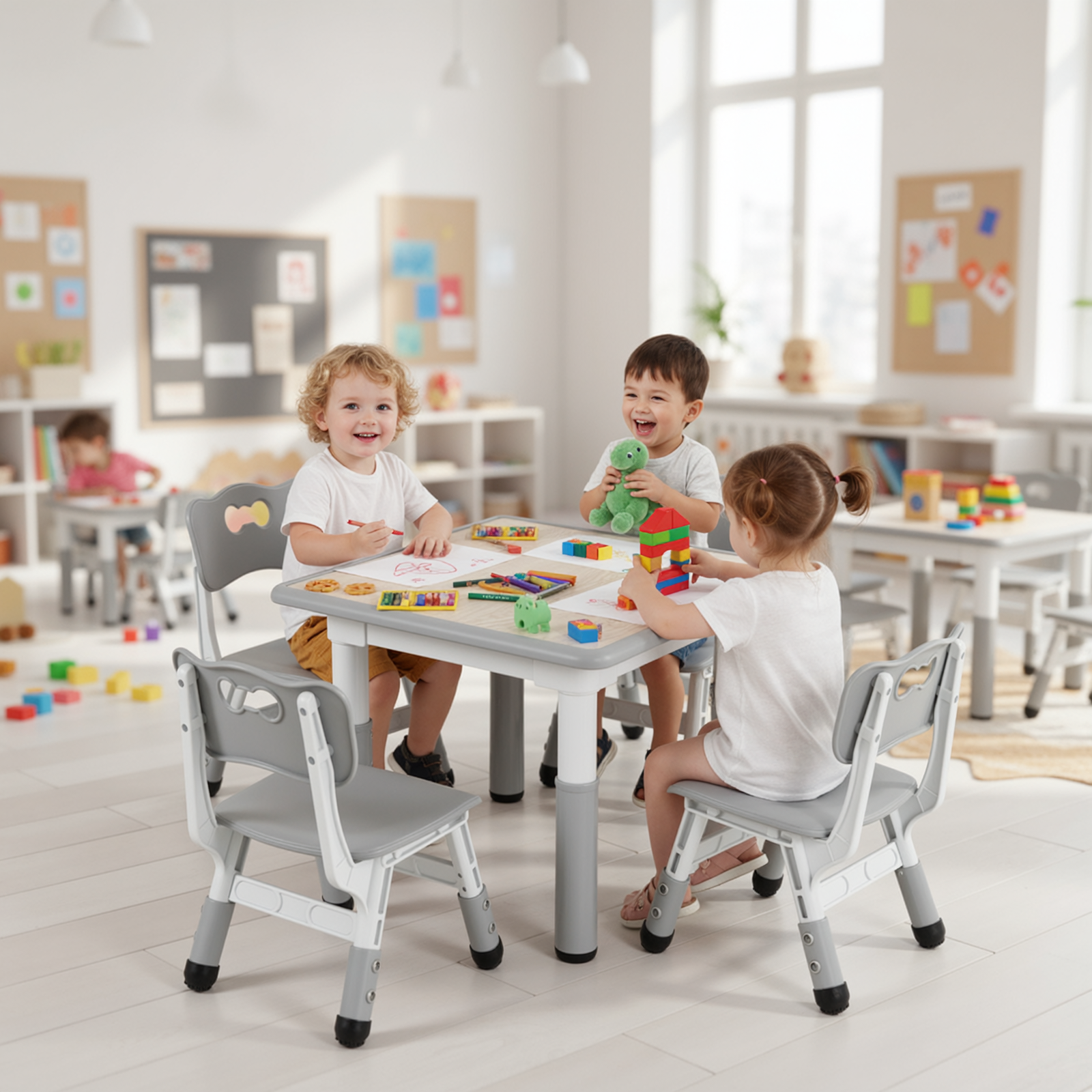 TLSUNNY Kids Table & 4 Chairs Set, Height Adjustable Children Activity Table Set for Ages 2-10, Gray