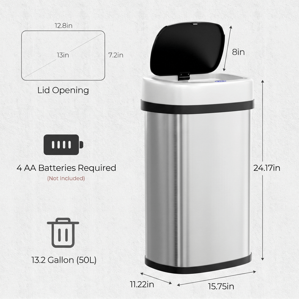 TLSUNNY 13.2/15.6/18.5 Gallon Automatic Touchless Motion Sensor Garbage Bin, Stainless Steel Kitchen Trash Can W/ Soft-Close Lid, Wave or Touch to Open