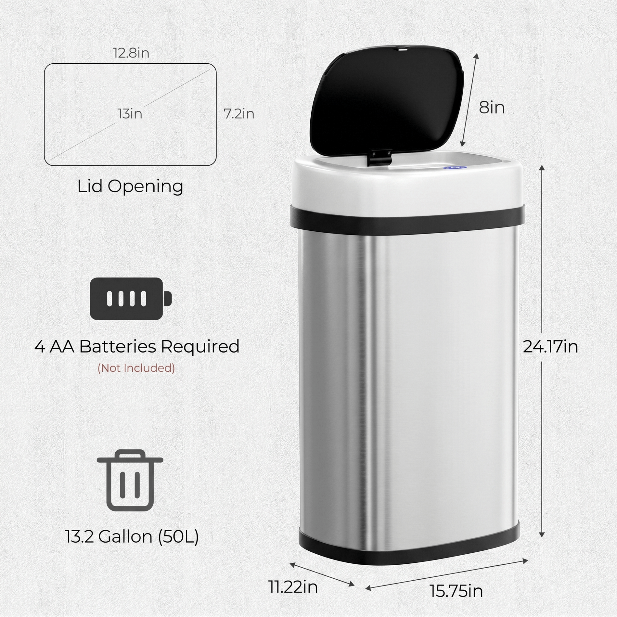 TLSUNNY 13.2/15.6/18.5 Gallon Automatic Touchless Motion Sensor Garbage Bin, Stainless Steel Kitchen Trash Can W/ Soft-Close Lid, Wave or Touch to Open