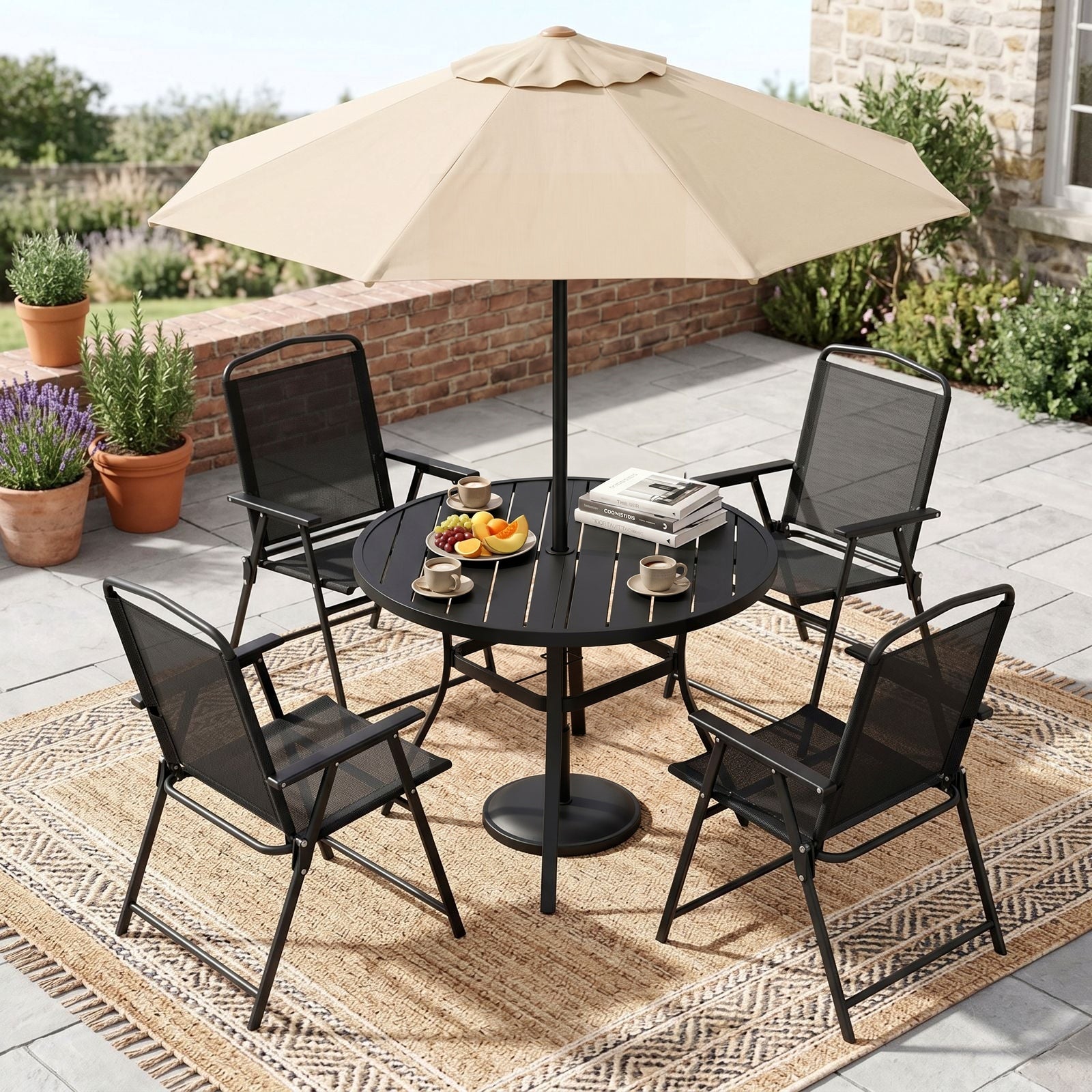 TLSUNNY Patio Dining Set, Folding Chairs and Round Table W/ Umbrella Hole Outdoor Dining Furniture for Bistro, Garden, Backyard, Deck