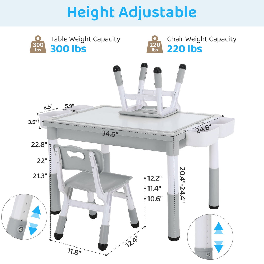 TLSUNNY Toddler Table and 2 Chairs Set, W/ Large Storage & Double-Sided Graffiti/Block Building Table Top, 4 Drawers, Height Adjustable