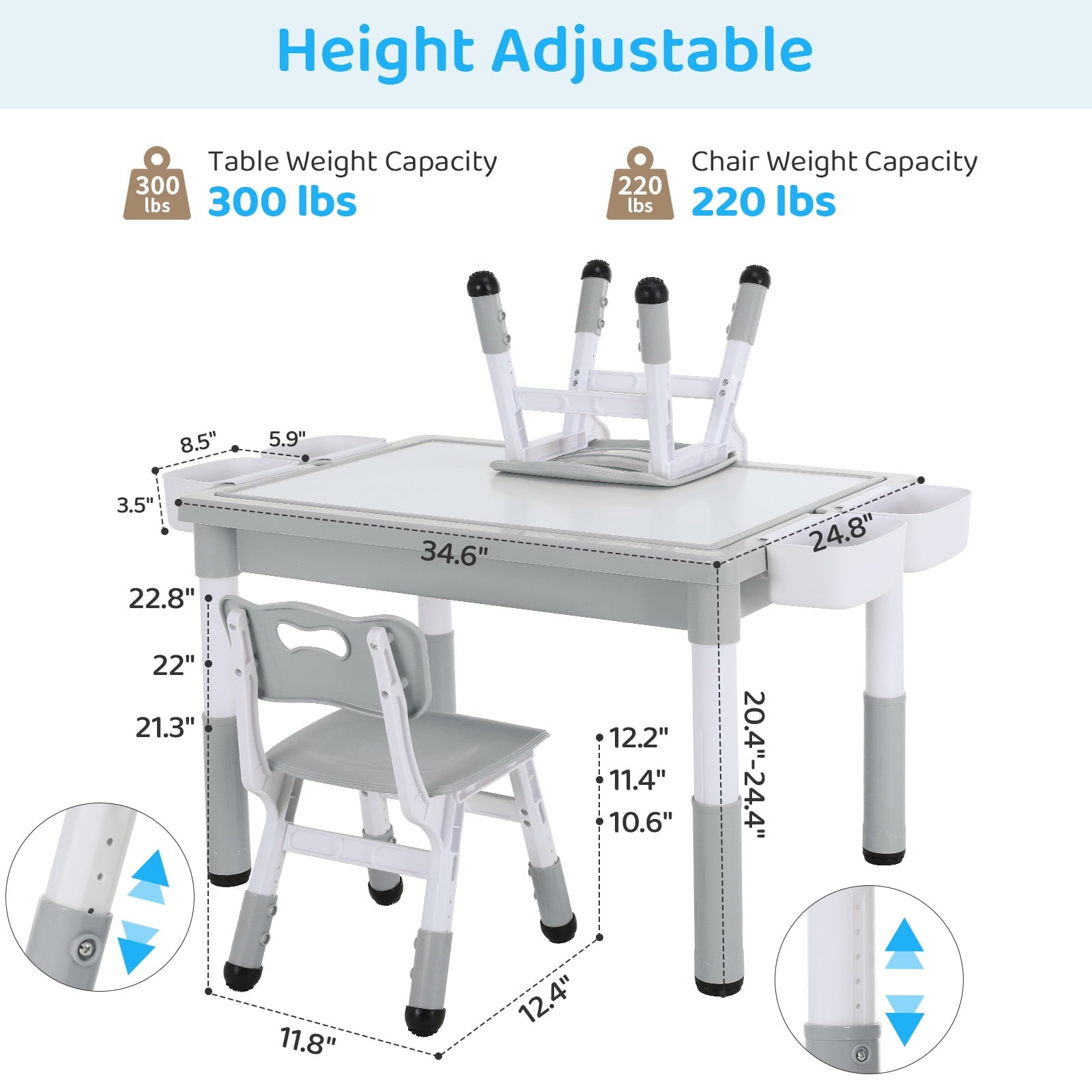 TLSUNNY Toddler Table and 2 Chairs Set, W/ Large Storage & Double-Sided Graffiti/Block Building Table Top, 4 Drawers, Height Adjustable