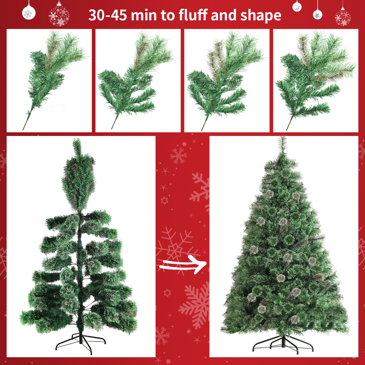 TLSUNNY 6/8/9ft Pre-lit Artificial Christmas Tree with 550 Branche Tips 250 LED Warm Lights, Fluffy Snow Flocked Pine Tree, Metal Stand Hinged Xmas Tree