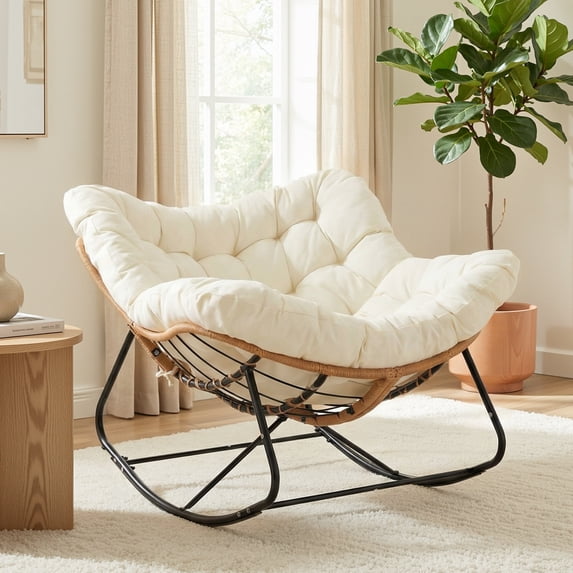TLSUNNY Outdoor Rocking Chair, Oversized Patio Papasan Rocker, Comfy Wicker Reading Lounge, Indoor Egg Chair for Bedroom, Living Room, Lawn