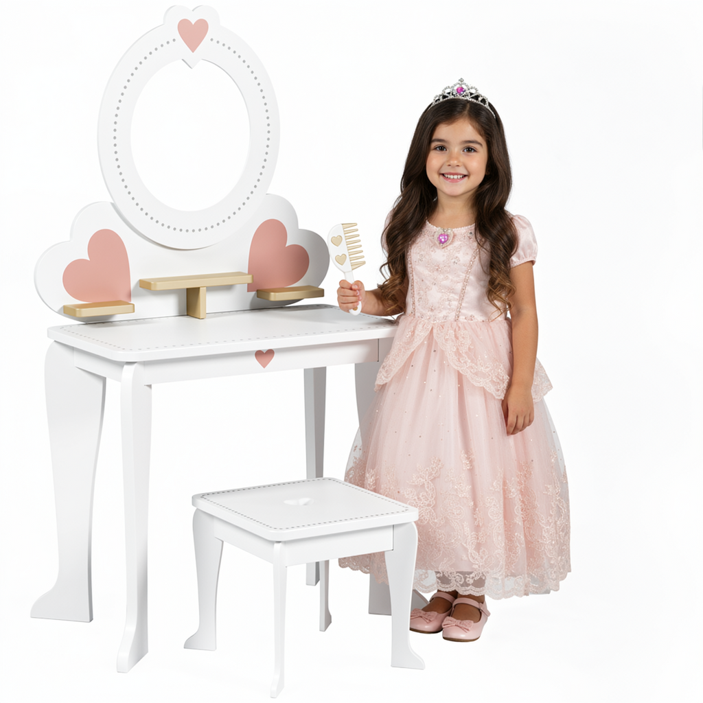 TLSUNNY Kids Princess Vanity Set, Make Up Table and Stool Play Set for Girls, Toddler Wooden Makeup Toys with 8 Pcs Accessories for Pretend Play