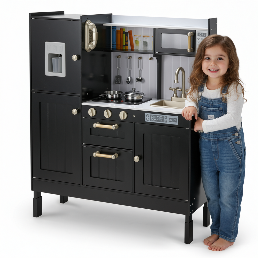 TLSUNNY Kids Play Kitchen, Wooden Kitchen Playset w/ Realistic Light & Sound and Cooking Accessories