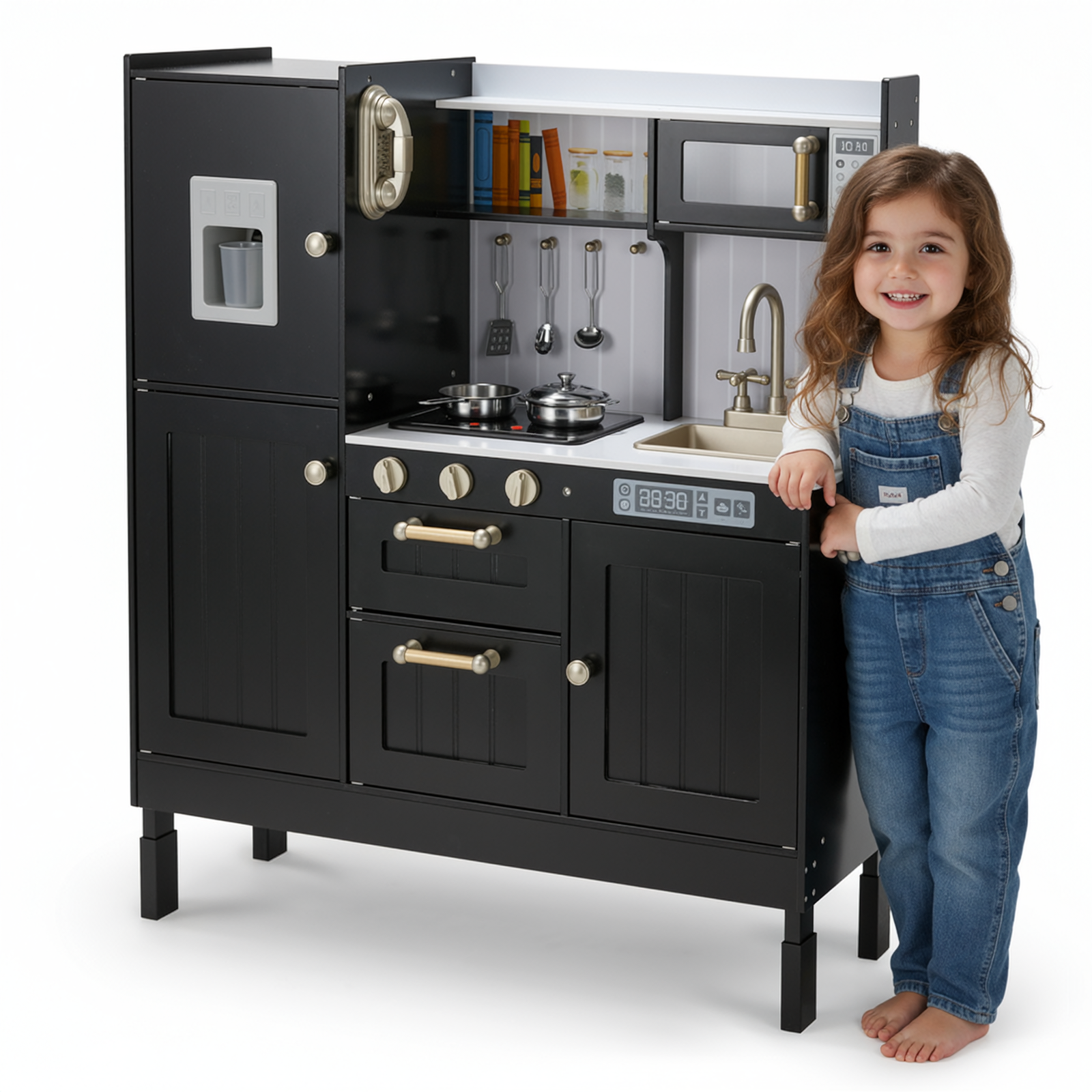 TLSUNNY Kids Play Kitchen, Wooden Kitchen Playset w/ Realistic Light & Sound and Cooking Accessories