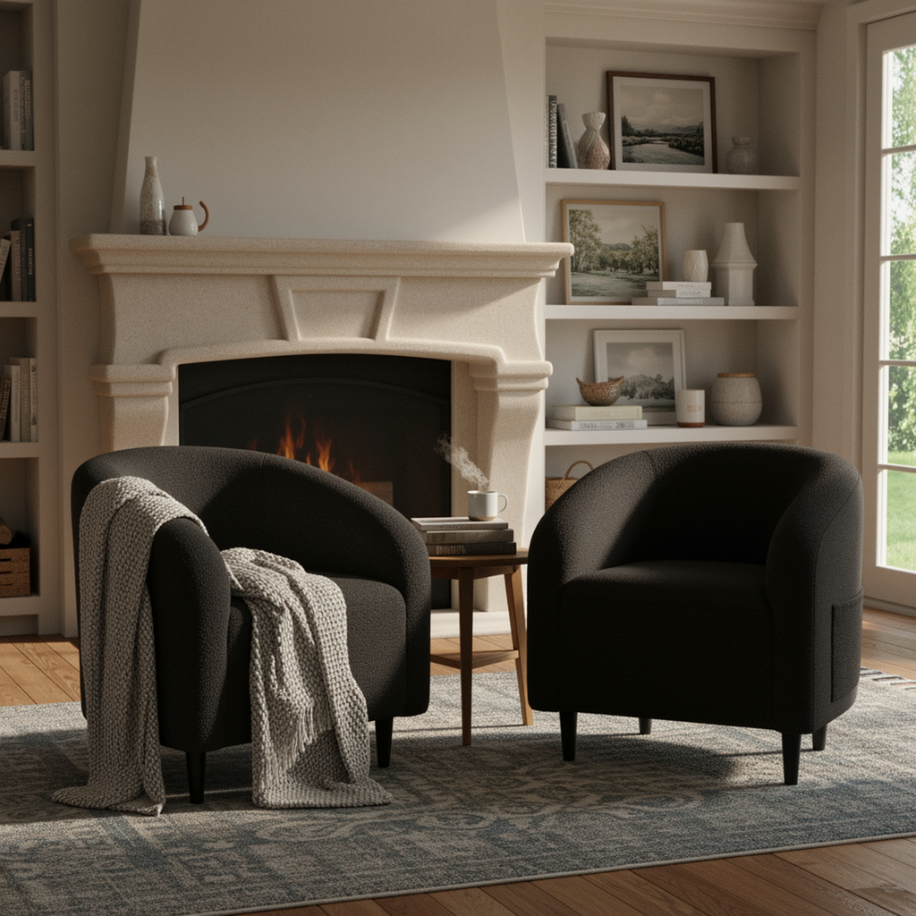 TLSUNNY Upholstered Club Chair Accent Barrel Chair, Teddy Fabric Upholstered Armchair with Side Pocket for Living Room/Bedroom