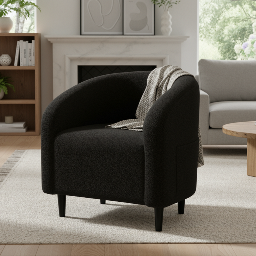 TLSUNNY Upholstered Club Chair Accent Barrel Chair, Teddy Fabric Upholstered Armchair with Side Pocket for Living Room/Bedroom