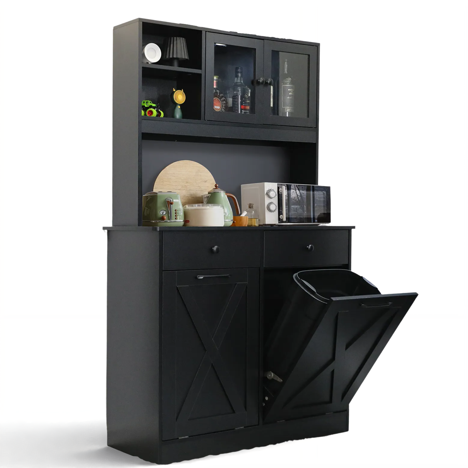 TLSUNNY Double Tilt-Out Trash Cabinet, Freestanding Hidden Garbage Storage w/ Drawers & Shelves for Kitchen/Laundry Room