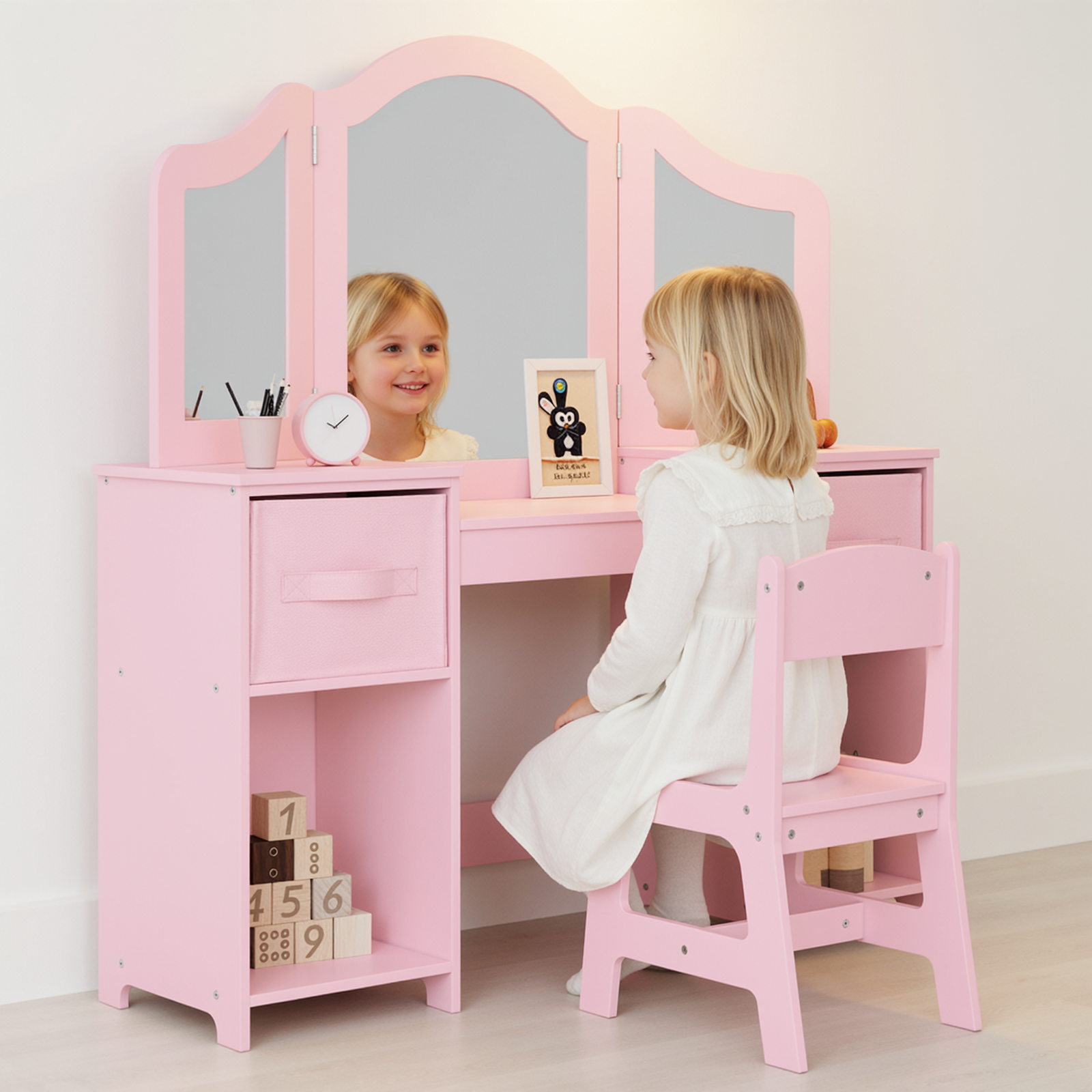 TLSUNNY Kids Vanity Set, Toddler Princess Makeup Desk & Stool Set w/ Tri-Fold Mirror Storage Drawers, for Girls