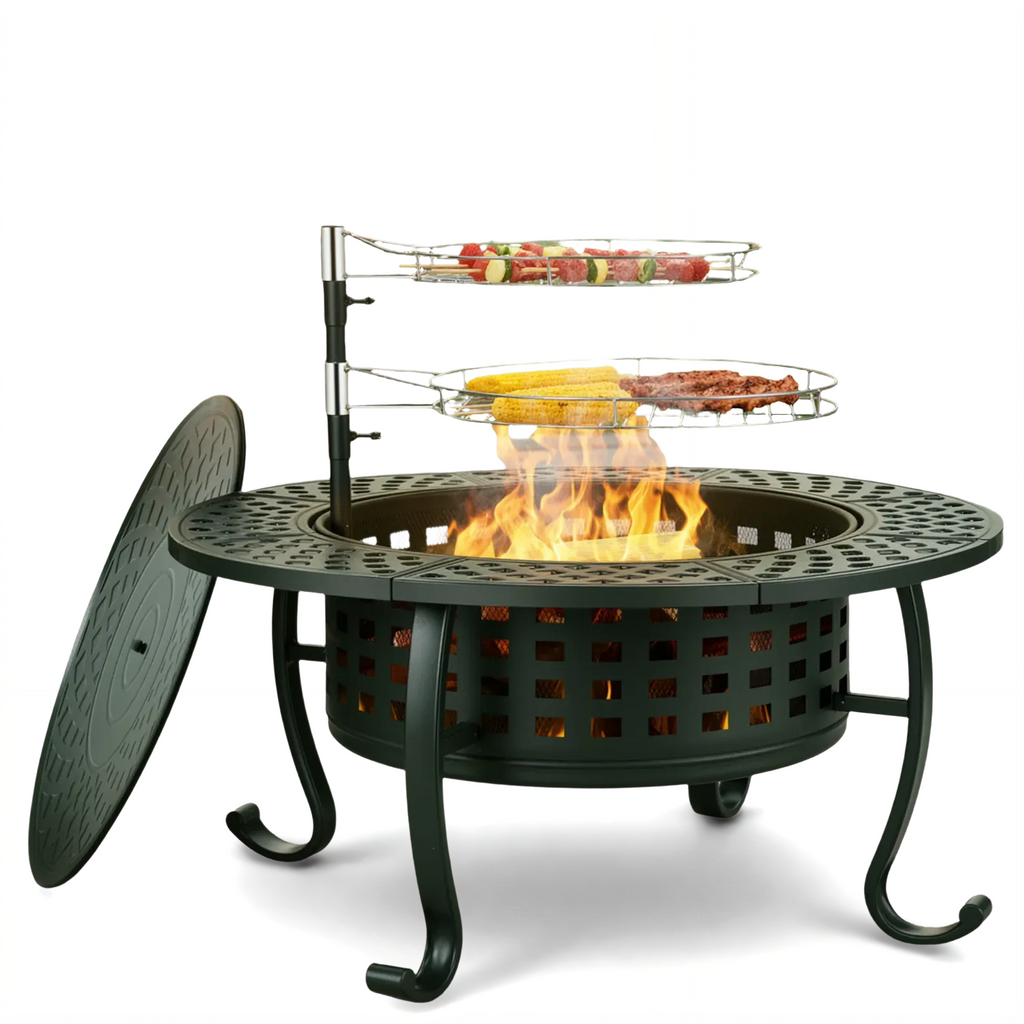 TLSUNNY 37" Outdoor Round Fire Pit & BBQ Grills, Wood Burning Fire Pit, w/ Swivel Cooking Grates, Lid and Fire Poker for Garden & Camping