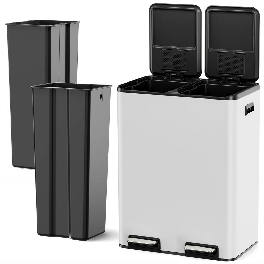 TLSUNNY 16 Gal / 60 L Dual Trash Can, Double Lid Step Bin w/ 2 Odor Control Box & Inner Buckets, for Living Room, Bathroom, Kitchen