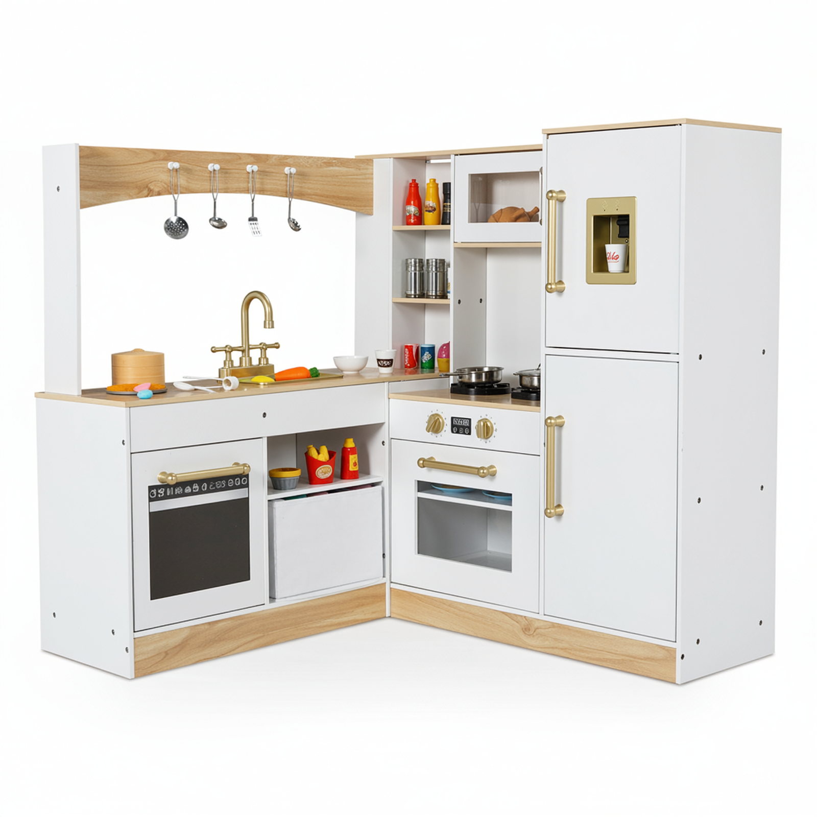 TLSUNNY Corner Play Kitchen with Lights & Sounds, Sink, Fridge, Microwave & Storage, Wooden Toddler Toy for Ages 3+