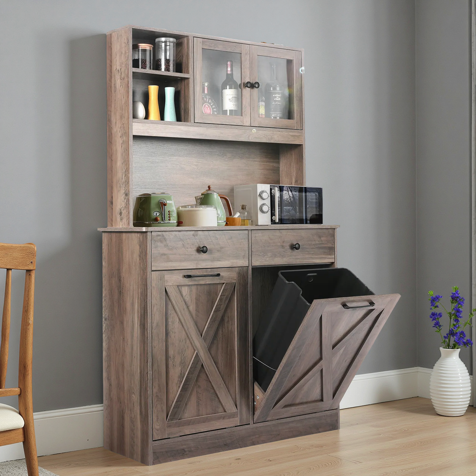 TLSUNNY Double Tilt-Out Trash Cabinet, Freestanding Hidden Garbage Storage w/ Drawers & Shelves for Kitchen/Laundry Room