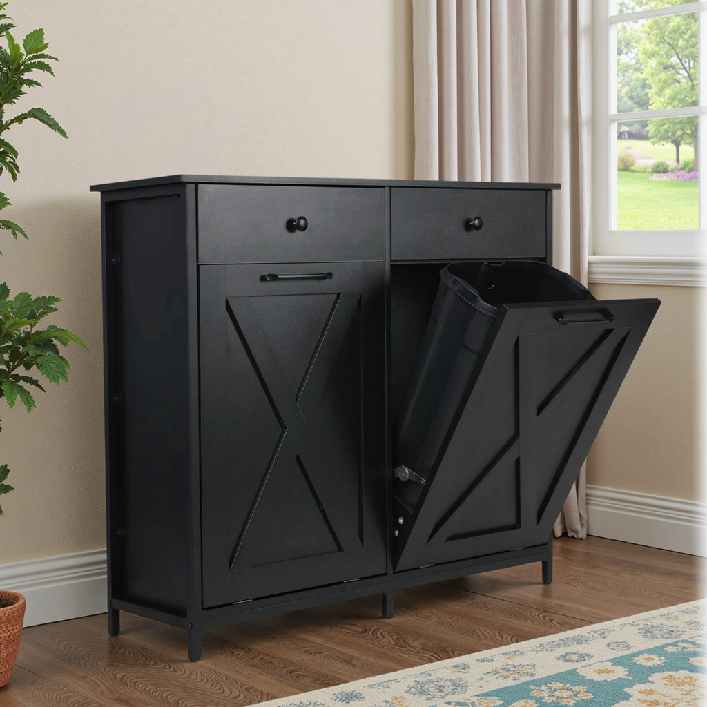 TLSUNNY Dual Tilt-Out Trash Cabinet, Freestanding Recycling Station with Drawer for Living Room/Kitchen