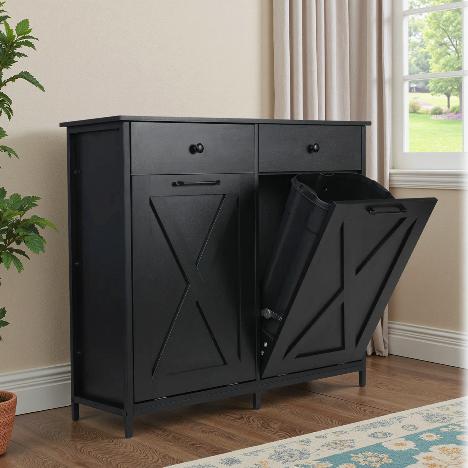 TLSUNNY Dual Tilt-Out Trash Cabinet, Freestanding Recycling Station with Drawer for Living Room/Kitchen