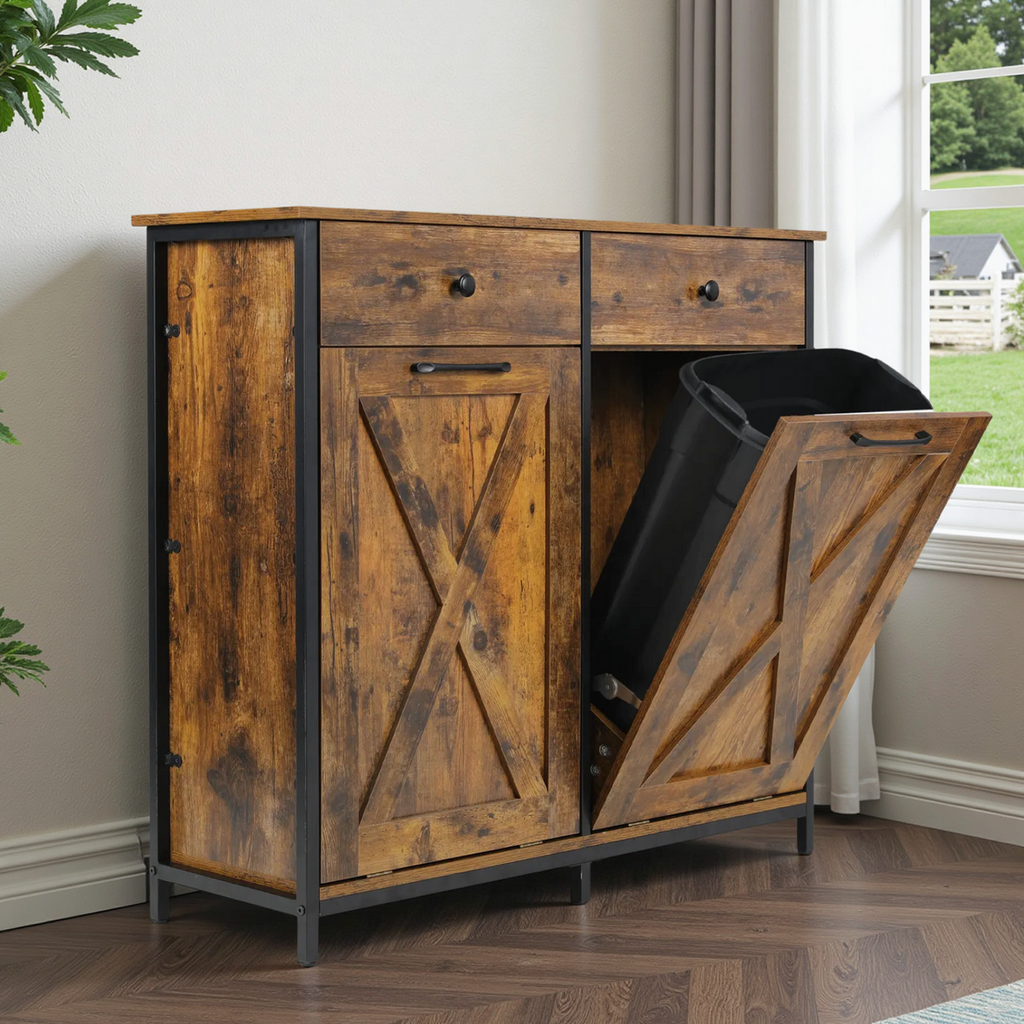 TLSUNNY Dual Tilt-Out Trash Cabinet, Freestanding Recycling Station with Drawer for Living Room/Kitchen