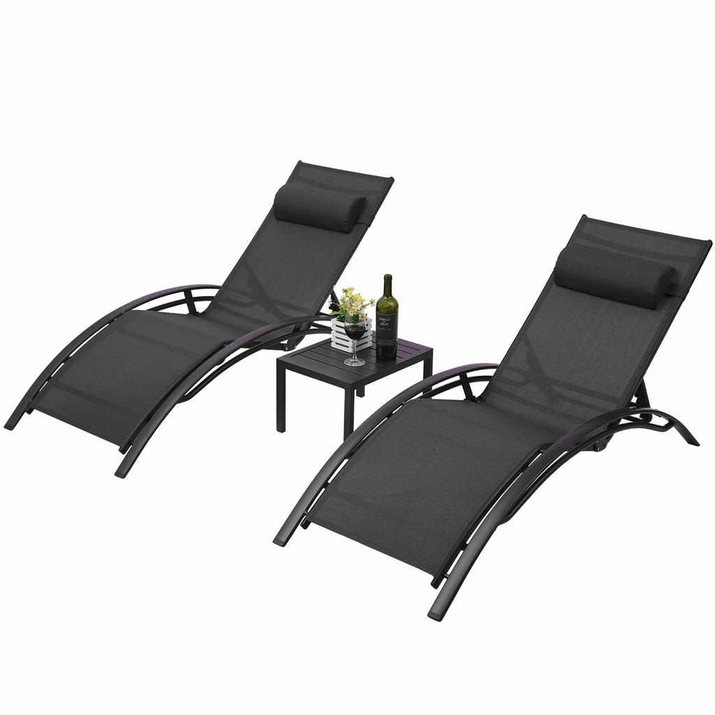 TLSUNNY Outdoor Lounge Set of 3, Aluminum Frame 2 Recliner Chairs & 1 Side Table with Adjustable Backrest and Removable Headrest, for Backyard, Pool, Patio Tanning