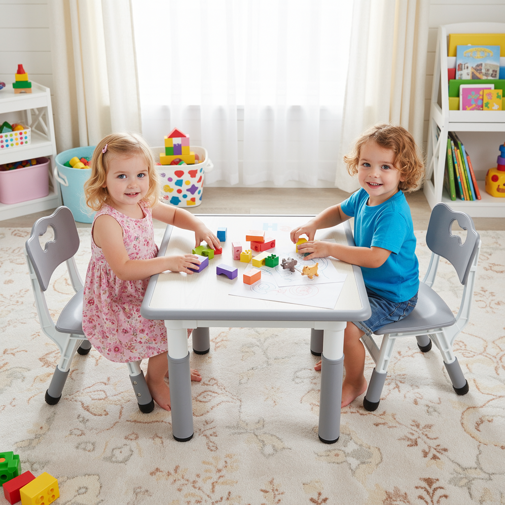 TLSUNNY Kids Table and 2 Chairs Set, Height Adjustable Toddler Play Activity Table Set with Graffiti Desktop, for Playroom, Daycare