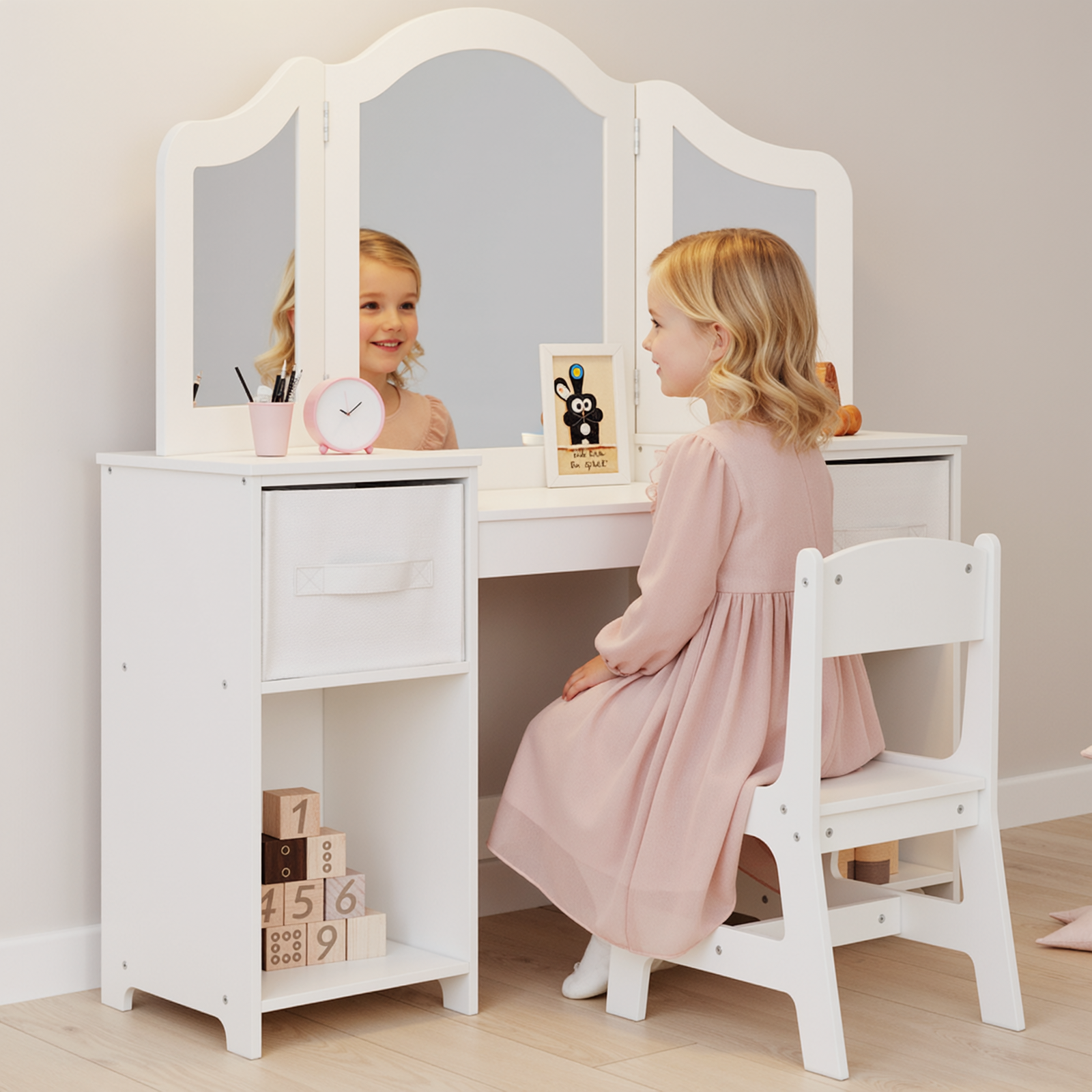 TLSUNNY Kids Vanity Set, Toddler Princess Makeup Desk & Stool Set w/ Tri-Fold Mirror Storage Drawers, for Girls