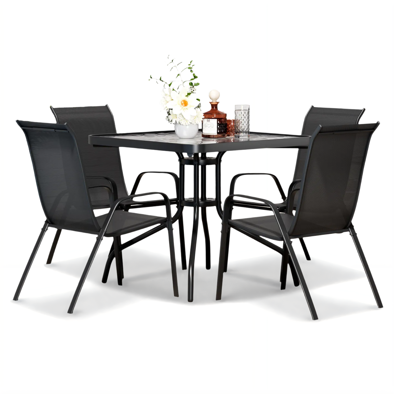 TLSUNNY Outdoor Dining Set of 5, Square Glass Top Table with Umbrella Hole and 4 Stackable Textilene Chairs, for Patio, Backyard, Porch, Lawn Use