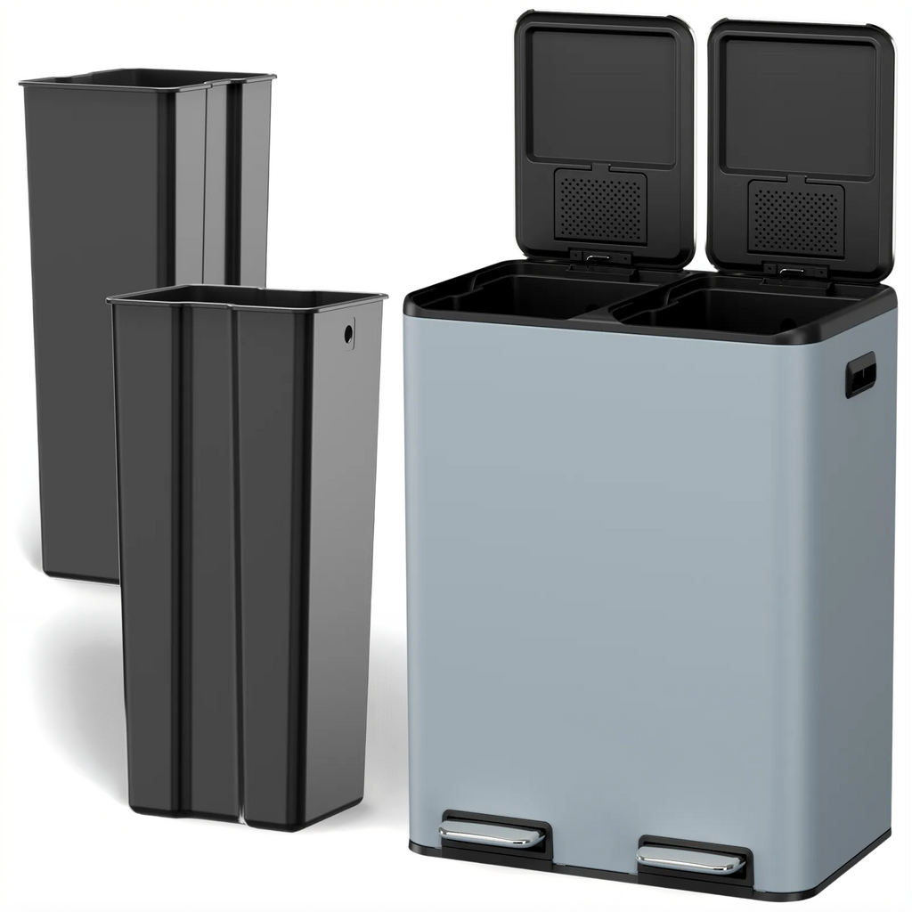 TLSUNNY 16 Gal / 60 L Dual Trash Can, Double Lid Step Bin w/ 2 Odor Control Box & Inner Buckets, for Living Room, Bathroom, Kitchen