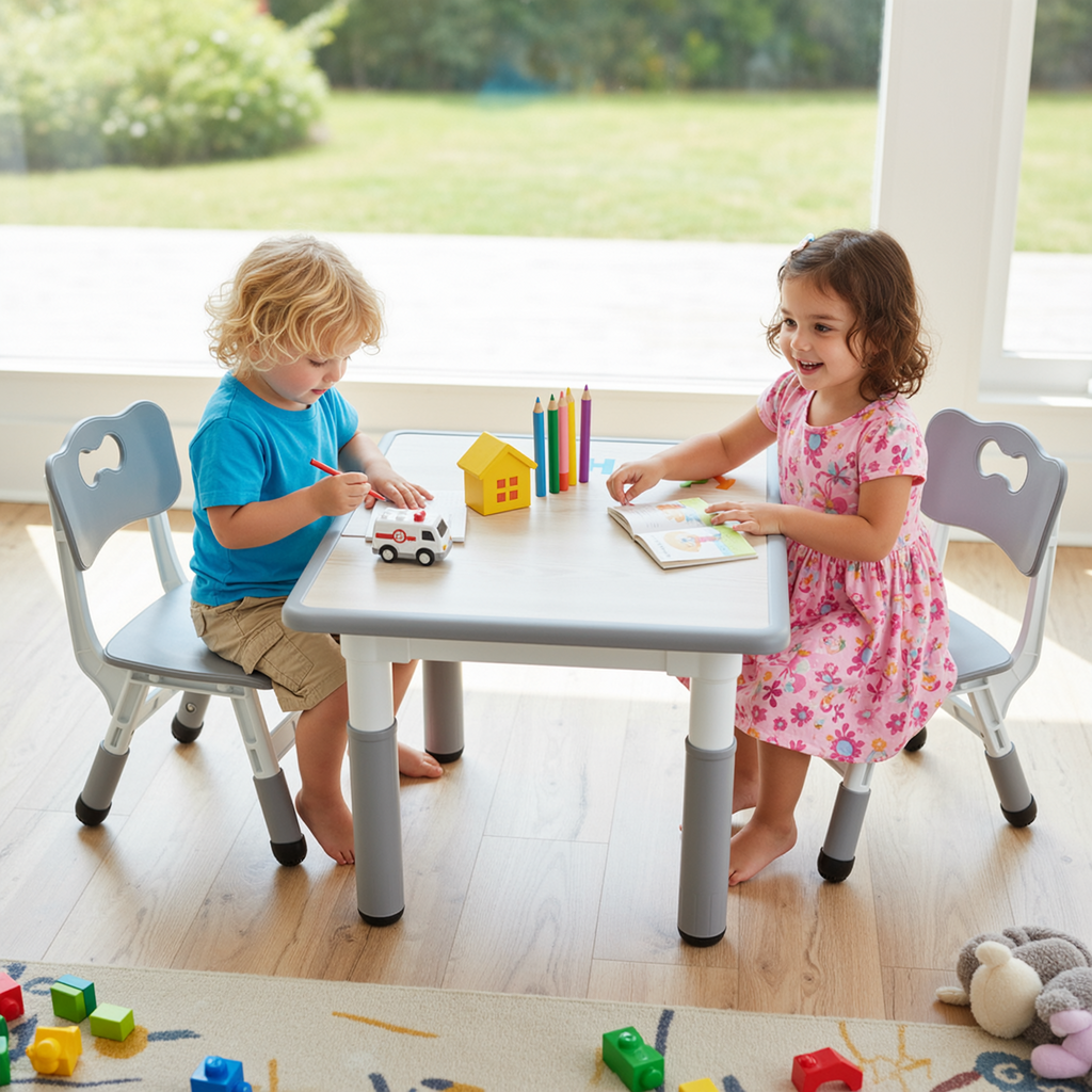 TLSUNNY Kids Table and 2 Chairs Set, Height Adjustable Toddler Play Activity Table Set with Graffiti Desktop, for Playroom, Daycare