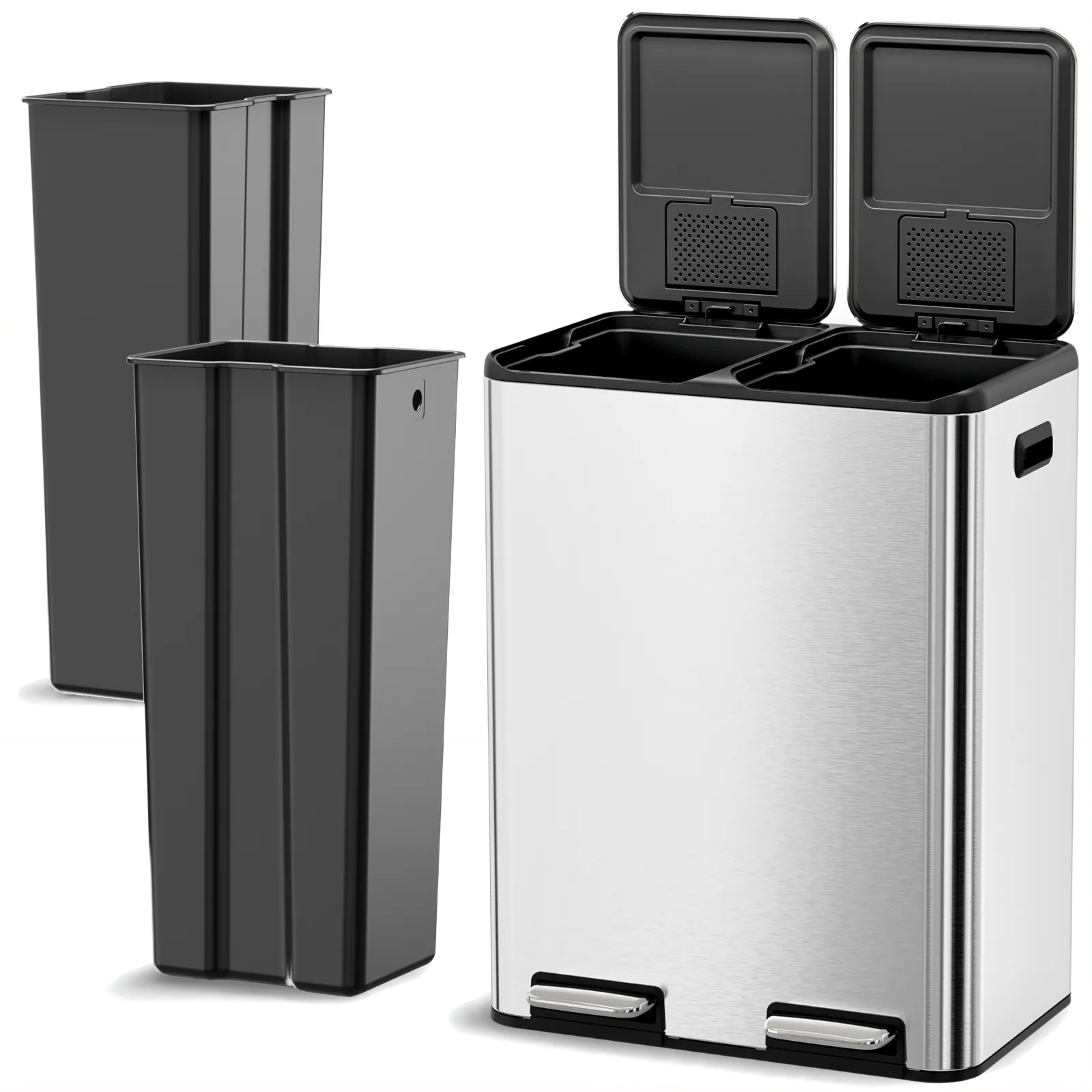 TLSUNNY 16 Gal / 60 L Dual Trash Can, Double Lid Step Bin w/ 2 Odor Control Box & Inner Buckets, for Living Room, Bathroom, Kitchen