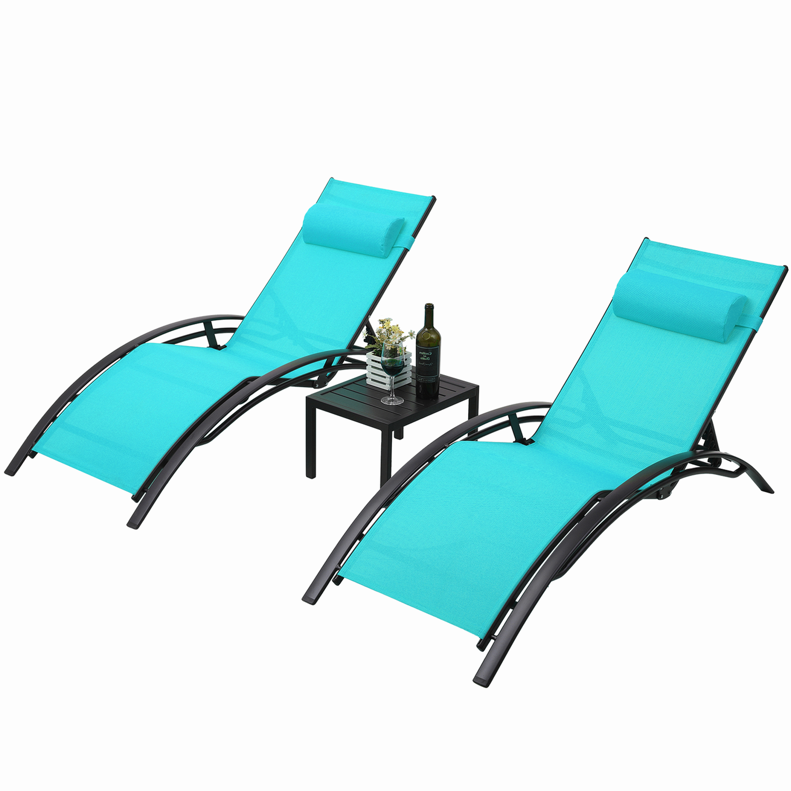 TLSUNNY Outdoor Lounge Set of 3, Aluminum Frame 2 Recliner Chairs & 1 Side Table with Adjustable Backrest and Removable Headrest, for Backyard, Pool, Patio Tanning