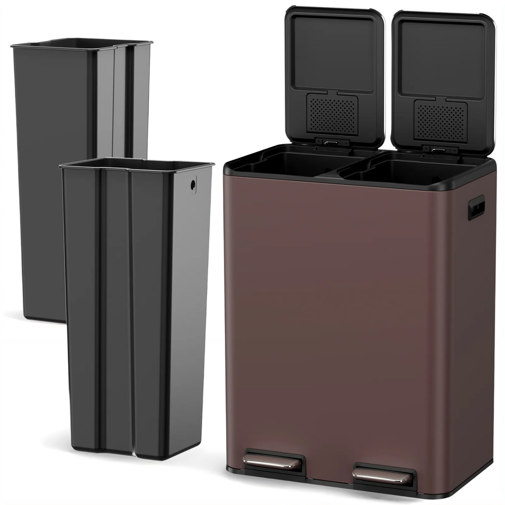 TLSUNNY 16 Gal / 60 L Dual Trash Can, Double Lid Step Bin w/ 2 Odor Control Box & Inner Buckets, for Living Room, Bathroom, Kitchen